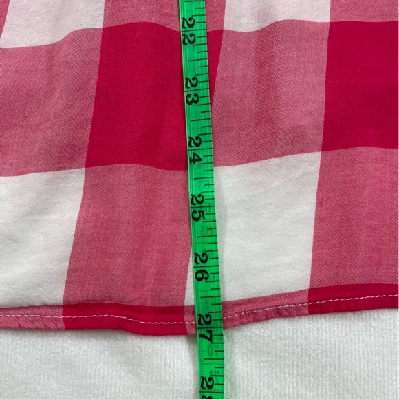 Medium Red & White Plaid V Neck Soft Button-Up Blouse Adjustable Sleeves - Picture 12 of 13